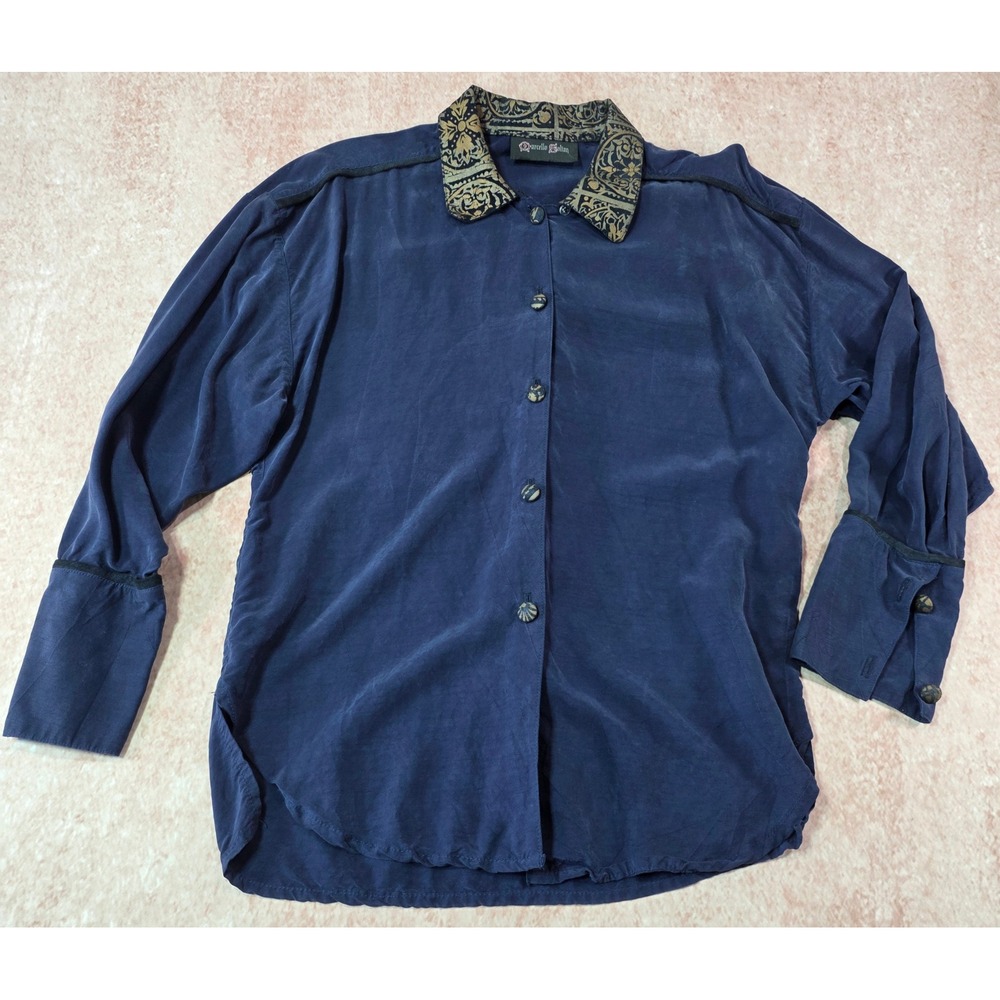 Marcello Soltan Navy Blue Washed Viscose Button Down Shirt Gold Damask Collar 2